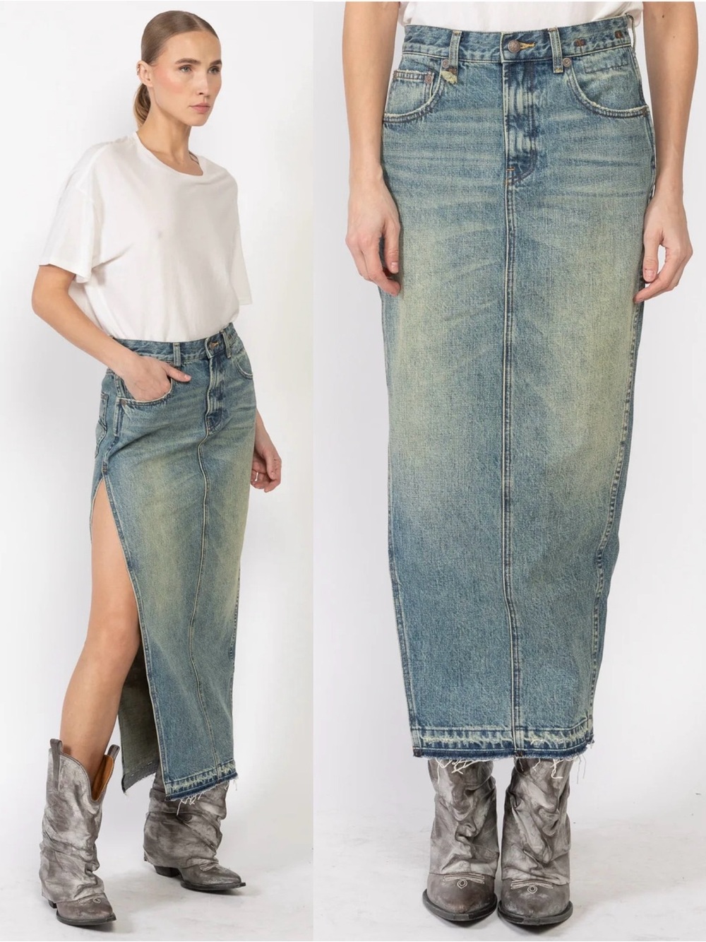 R13 Side Slit Denim Maxi Skirt in Clinton Blue